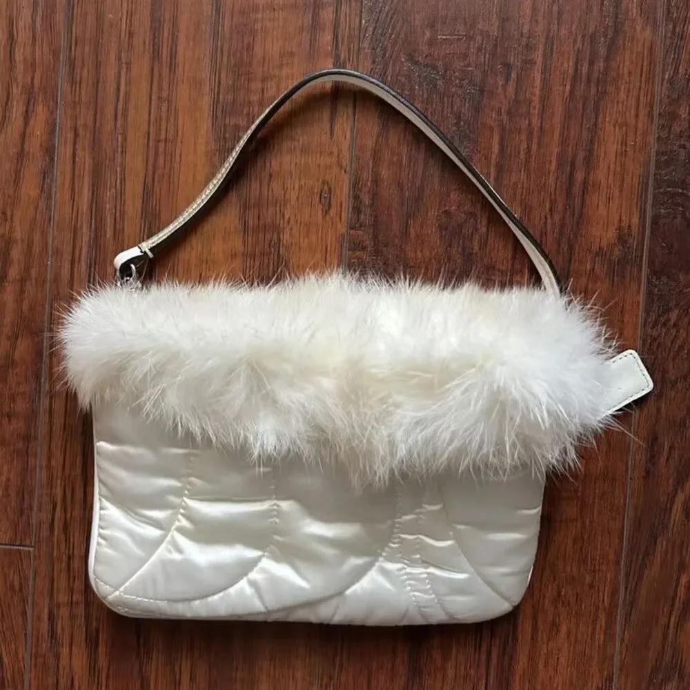 Coach Rabbit Fur Trim Pochette Baguette White Quilted Satin Y2K Mini Handbag